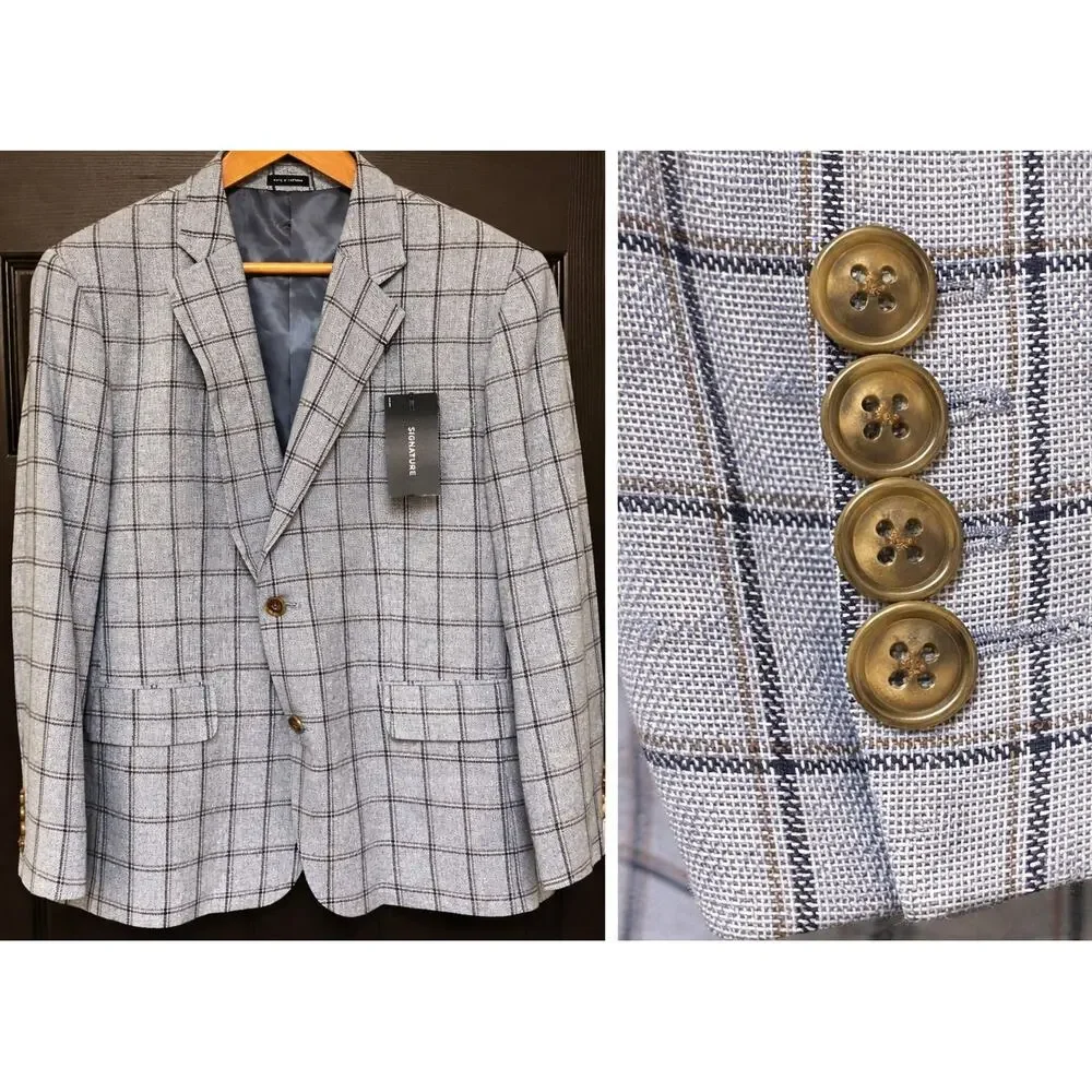 Stafford Signature Mens Sport Coat 46 Short Blue Windowpane Linen Blend NWT